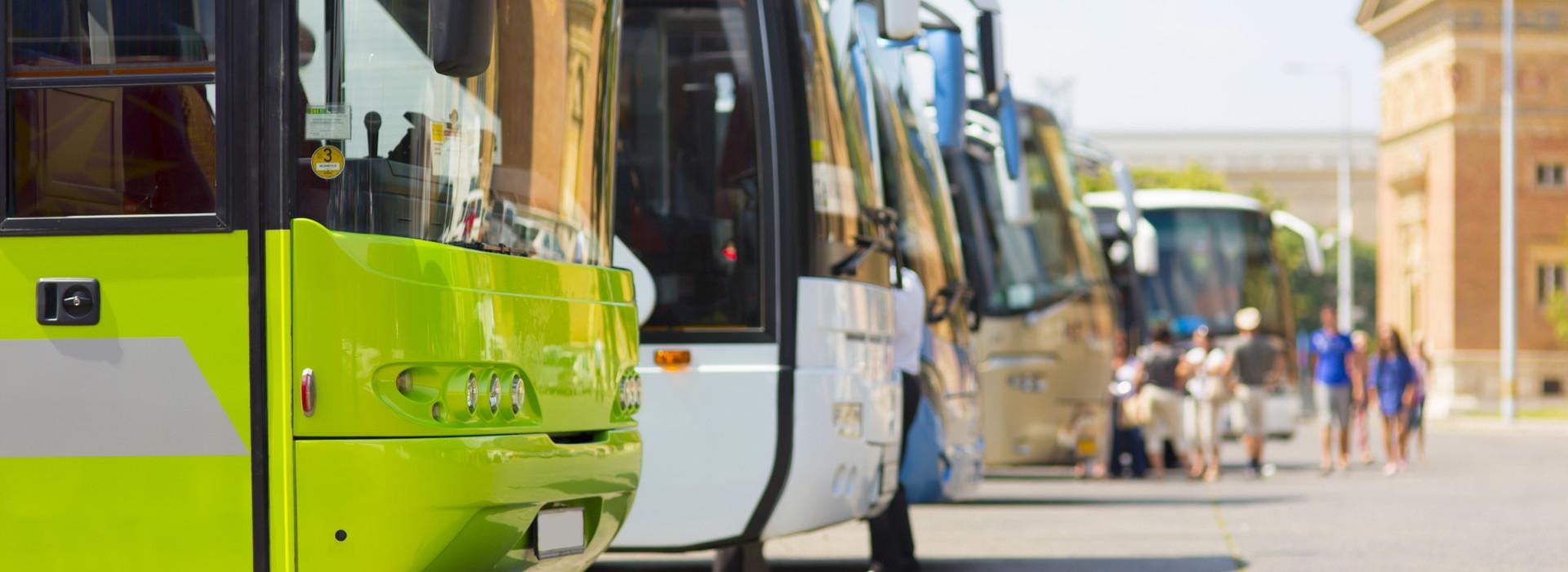 File di autobus turistici parcheggiati, con persone che salgono a bordo.