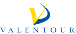 Logo di Valentour con un design moderno nei colori giallo e blu.