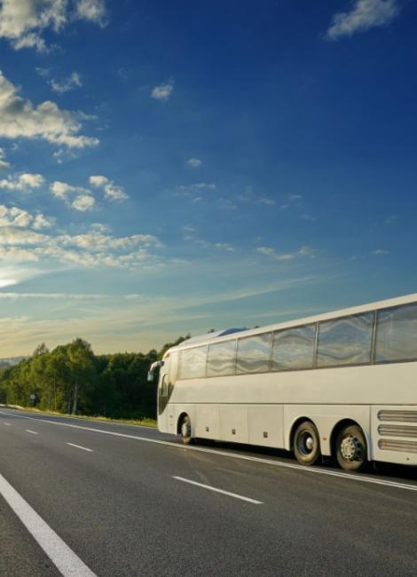 Autobus bianco su strada asfaltata, cielo blu con nuvole sparse, alberi sullo sfondo.