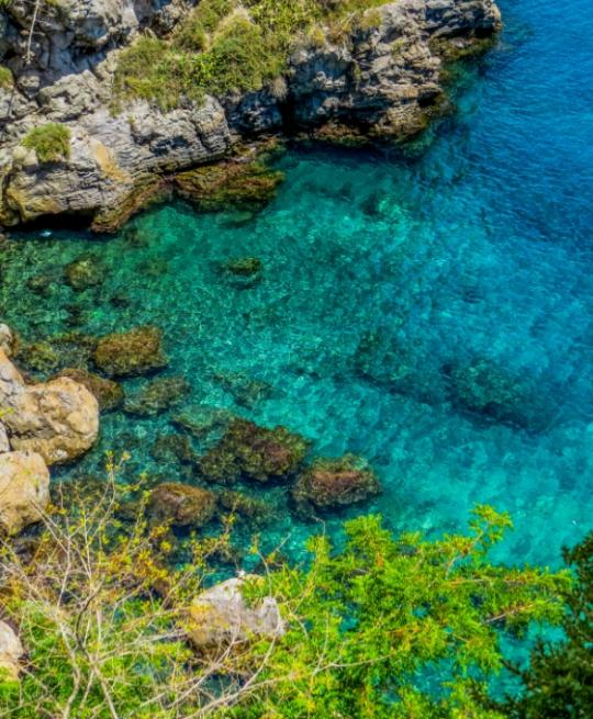 Acqua cristallina e rocce in una baia pittoresca, circondata da vegetazione.